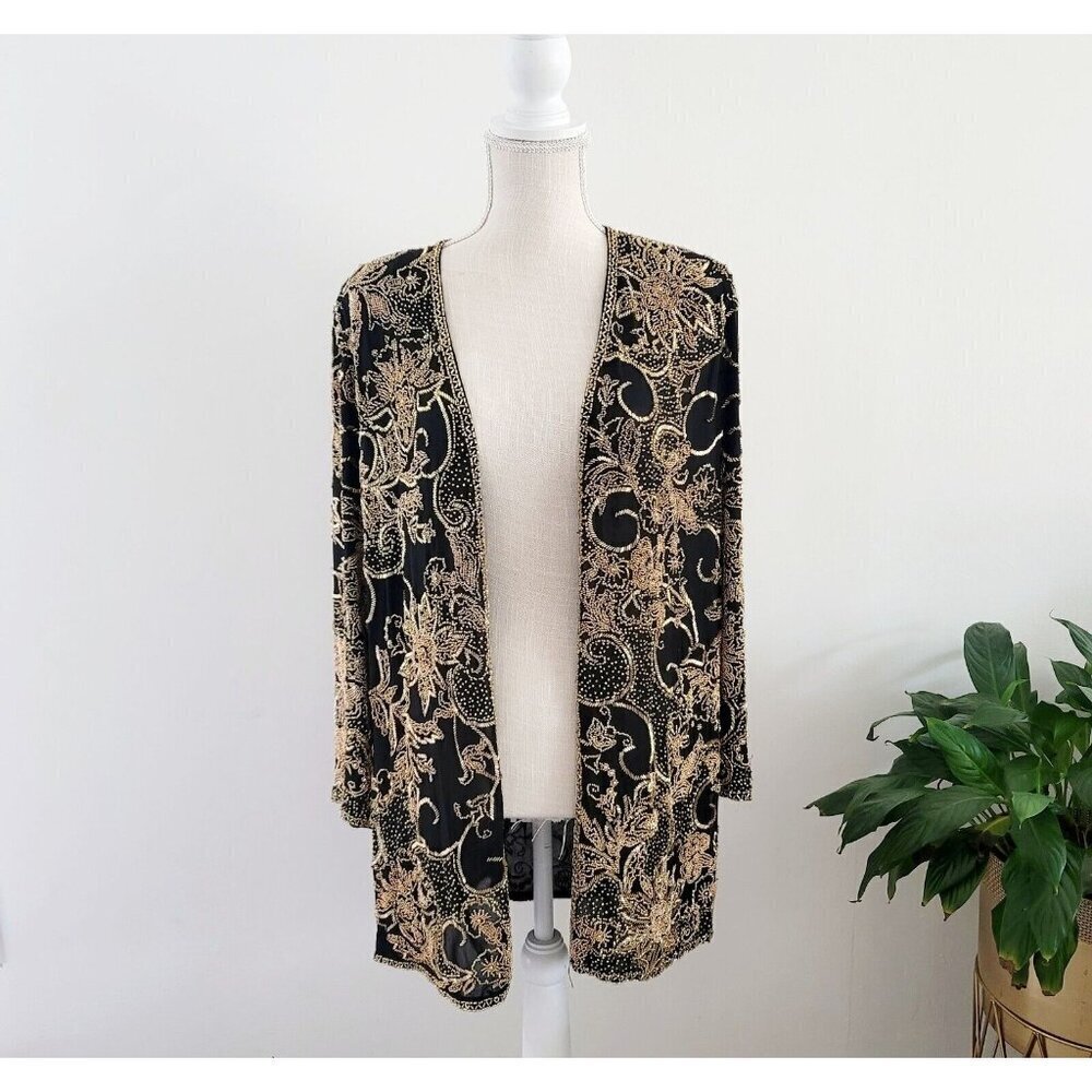 Black Tie Oleg Cassini Silk Beaded Black Gold Open 80s Cocktail Vintage Jacket M